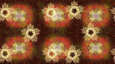 Raster illüstrasyonu. Yüzey için tekrarlanan doku, ambalaj kağıdı, kahverengi, turuncu ve sarı renkler. Renkli arka planda izole kar taneleri. Kış kar tanesi, raster arkaplan.