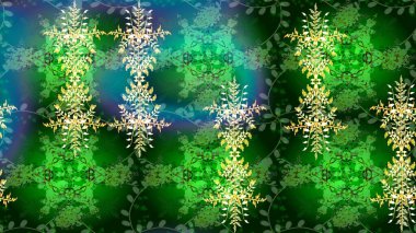 Noel stili. Yeşil, mavi ve sarı renkli kar taneleri. Raster illüstrasyonu.