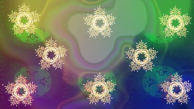 Düşen Noel stili kar taneleri. Güzel, yeşil, mavi ve nötr kar taneleri renkli bir arka planda izole edilmiş. Kar taneleri, kar yağışı. Görüntü.