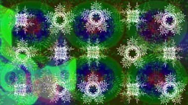 Kar taneli yeşil, mavi ve gri renkler. Renkli arka planda izole tatlı kar taneleri. Raster illüstrasyonu.