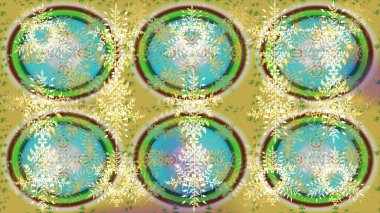 Tarafsız, sarı ve yeşil renklerde kar taneleri. Raster illüstrasyonu. Yılbaşı Biçimi.