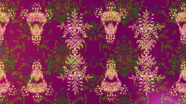 Asya tekstil tarzında. Çiçek desenli çizim. Renkli Bahar Teması eskiz kalıbı. Raster illüstrasyonu. Mor, yeşil ve pembe renkte çiçekler. Düz Çiçek Elementleri Tasarımı.