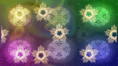 Kar tanelerinin soyut arkaplanlı Noel şablonu. Yeşil, nötr ve mavi kar taneleri. Raster illüstrasyonu. Noel ve Yeni Yıl moda baskıları için tatil tasarımı.