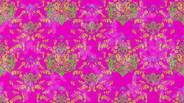 Raster illüstrasyonu. Eskiz geçmişi. Kumaş, tekstil, duvar kağıdı baskısı için. Eski usul. Renkli desenli eskiz deseni, mor, yeşil ve pembe çiçekler ve dekoratif elementler..