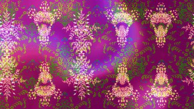 Mor, yeşil ve pembe renkli bitkilerden oluşan parlak çiçekli çizim deseni.