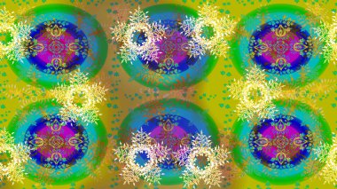 Kış kar taneleri, raster arka plan. Yüzey için tekrarlanan doku, ambalaj kağıdı, yeşil, sarı ve mavi renkli kar tanesi.