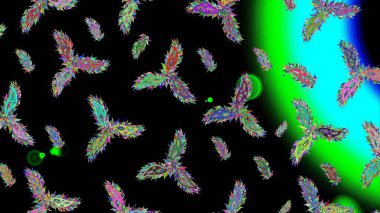 Raster illüstrasyonu. Renkli arka planda izole tatlı kar taneleri. Kar taneli siyah, yeşil ve mavi renkler.