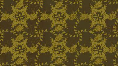 Renkli desenli, kahverengi, nötr ve yeşil çiçekli ve dekoratif elementli kusursuz desen. Kusursuz bir geçmişi var. Raster tasarımı. Kumaş, tekstil, duvar kağıdı baskısı için. Antika retro tarzı.