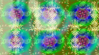 Kar taneleri arka planda. Kış kartı Mutlu Noeller, Yeni Yıl ve Mutlu Tatil Raster çizimleri. Yeşil, nötr ve mavi kar taneli Noel kartı yeşil, nötr ve mavi renkler.