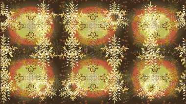 Kar tanelerinin soyut arkaplanı olan şirin bir Noel arkaplanı. Kahverengi, nötr ve sarı kar taneleri. Raster illüstrasyonu. Renkler. Noel ve Yeni Yıl moda baskıları için tatil tasarımı.