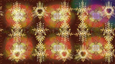 Raster Noel soyut renkli arka plan ve tatlı kar tanesi. Farklı kar taneleri toplayıcısı, kahverengi, turuncu ve sarı renklerde kış elementleri..