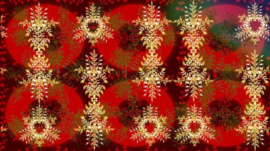 Raster illüstrasyonu. Kırmızı, kahverengi ve sarı renkler. Kar tanelerinin soyut arkaplanlı Noel şablonu. Noel ve Yeni Yıl moda baskıları için tatil tasarımı.