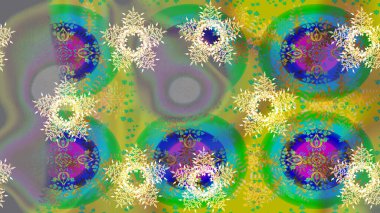 Yeşil, nötr ve sarı renkler ve kar taneleri. Renkli arka planda izole tatlı kar taneleri. Raster illüstrasyonu.