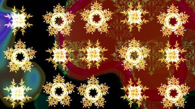 Düz dizayn. Grafiksel element dekorasyonu. Kar Tanesi Mozaik ikonu. Raster illüstrasyonu. Siluet kar tanesi işareti izole edilmiş kırmızı, siyah ve kahverengi renkler. Sembol kışı, donmuş, Noel, yeni yıl tatili