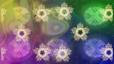 Kar tanelerinin soyut arkaplanlı Noel şablonu. Raster illüstrasyonu. Yeşil, mor ve nötr renkler. Noel ve Yeni Yıl moda baskıları için tatil tasarımı.