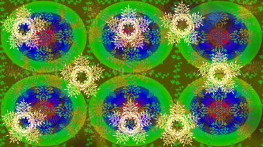 Raster yeşili, mavi ve kahverengi kar tanelerinden izole edilmiş. Güzel bir kış süsü. Renkli kar taneleri Raster illüstrasyonu.