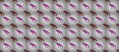 Saurischian dinozorları. Dinozorlarla birlikte geometrik kusursuz desen. Ambalaj veya giysi için renkli kertenkele benzeri dinozorlar.