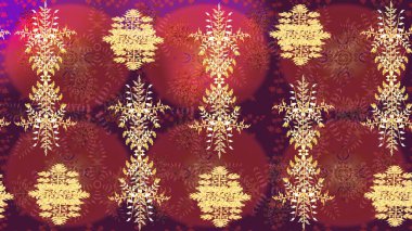 Kar tanelerinin soyut arkaplanlı Noel şablonu. Kırmızı, mor ve kahverengi kar taneleri. Raster illüstrasyonu. Renkler. Noel ve Yeni Yıl moda baskıları için tatil tasarımı.