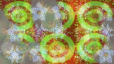 Raster illüstrasyonu. Bokeh yeşili, nötr ve kahverengiler ve kar taneleriyle dekoratif Noel arkaplanı.