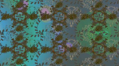 Raster illüstrasyonunda kusursuz çiçek deseni. Yeşil, mavi ve gri renklerde. Güzel kumaş deseni. Raster illüstrasyonu.