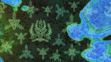 Kar tanelerinin soyut arkaplanlı Noel şablonu. Mavi, yeşil ve gri kar taneleri. Raster illüstrasyonu. Noel ve Yeni Yıl moda baskıları için tatil tasarımı.