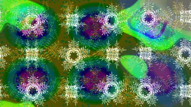 Düşen Noel stili kar taneleri. Güzel, yeşil, mavi ve nötr kar taneleri renkli bir arka planda izole edilmiş. Kar taneleri, kar yağışı. Görüntü.