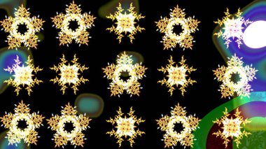 Kar tanesi raster deseni. Renkli arka planda izole tatlı kar taneleri. Siyah, sarı ve yeşil renkli kar taneleri. Raster illüstrasyonu.