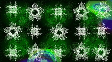 Raster illüstrasyonu. Güzel bir kış süsü. Yeşil, siyah ve mavi kar tanelerinden izole edilmiş. Kar taneleri koleksiyonu.