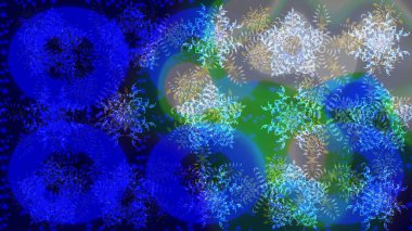 Yüzey için tekrarlanan doku, ambalaj kağıdı, mavi, gri ve yeşil renkler. Kış kar tanesi, raster arka plan. Raster illüstrasyonu. Renkli arka planda izole edilmiş güzel kar taneleri.