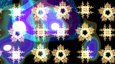 Siyah, mavi ve mor kar taneleri. Raster illüstrasyonu. Noel ve yeni yıl moda baskıları için tatil tasarımı. Renkler. Kar taneleri soyut arkaplan ile Noel sevimli arka plan.