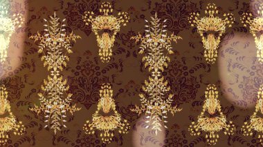 Çiçekli ipek eşarp. El çizimi çiçek unsurları olan soyut çizim raster deseni. 1950-1960 motifleri. Retro tekstil tasarım koleksiyonu. Kahverengi, bej ve nötr kahverengi, bej, nötr