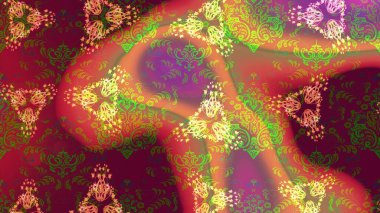 Suluboya çiçekli çiçek deseni. Raster illüstrasyonu. Mor, kırmızı ve turuncu renklerde Asya tekstili.