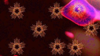 Kış kar tanesi, raster arka plan. Renkli arka planda izole kar taneleri. Yüzey için tekrarlanan doku, ambalaj kağıdı, siyah, kahverengi ve kırmızı renkler. Raster illüstrasyonu.