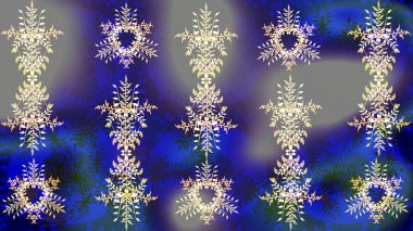 Kar tanesi raster deseni. Raster illüstrasyonu. Renkli arka planda izole tatlı kar taneleri. Mavi, gri ve mor renkli kar taneleri.