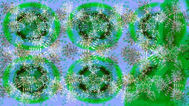 Renkli arka planda izole kar taneleri. Raster illüstrasyonu. Kar taneleri radyal yeşil, mavi ve nötr renkler.