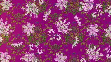 Asya tekstil tarzında. Raster illüstrasyonu. Çiçek desenli çizim. Mor, yeşil ve nötr renklerde çiçekler. Raster illüstrasyonu.