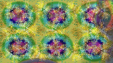 Çiçek Elementleri 'nin soyut geçmişi. Raster kış deseni. Yeşil, sarı ve mavi renkler üzerine tasarım. Raster illüstrasyonu.