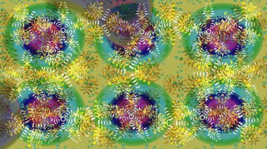 Kar Tanesi Mozaik ikonu. Yeşil, mavi ve sarı siluet kar tanesi işareti. Düz dizayn. Sembol kışı, donmuş, Noel, yeni yıl tatili. Grafiksel element dekorasyonu. Raster illüstrasyonu.