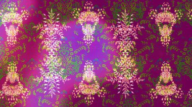 Tropik çiçek desenleri. Mor, yeşil ve mor renkli çiçekler. Raster illüstrasyonu.