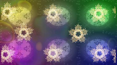 Yeşil, mor ve nötr renklerde kar taneleri. Renkli arka planda izole tatlı kar taneleri. Kar tanesi raster deseni. Raster illüstrasyonu.