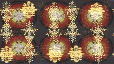 Raster illüstrasyonu. Kar tanelerinin soyut arkaplanlı Noel şablonu. Noel ve yeni yıl moda baskıları için tatil tasarımı. Kahverengi, gri ve sarı kar taneleri.