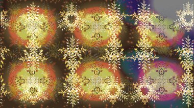 Yuvarlak raster kar tanesi. Renkli arka planda izole tatlı kar taneleri. Soyut kış kahverengisi, nötr ve sarı süs. Güzel kar tanesi. Raster illüstrasyonu.