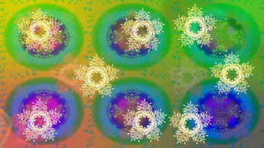 Kar tanelerinin soyut arkaplanlı Noel arkaplanı. Yeşil, mavi ve sarı kar taneleri. Noel için tatil tasarımı, yeni yıl moda baskıları. Güzel tasarım. Raster illüstrasyonu.