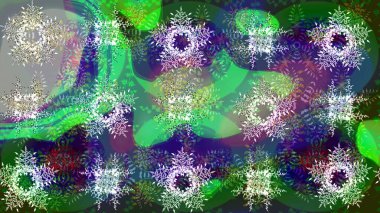 Renkler. Noel ve yeni yıl moda baskıları için tatil tasarımı. Yeşil, mavi ve nötr kar taneleri. Raster illüstrasyonu. Kar tanelerinin soyut arkaplanlı Noel deseni.