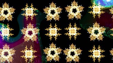 Siyah, kahverengi ve sarı renklerde kar tanelerinden oluşan kış deseni. Raster illüstrasyonu. Düz yatıyordu. Kış konsepti.