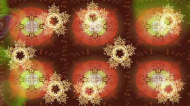 Raster illüstrasyonu. Kahverengi, turuncu ve sarı renkler. Noel ve yeni yıl moda baskıları için tatil tasarımı. Kar tanelerinin soyut arkaplanlı Noel deseni.