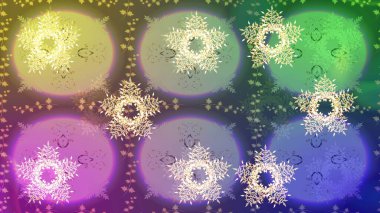 Tarafsız, mor ve yeşil renkler üzerine şirin soyut kar tanesi raster tasarımı. Düz kar karalama ikonları, yılbaşı afişi için kar taneleri silueti, kartlar. Yeni yıl kar tanesi.