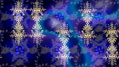 El çizimi, dövme stili karalama, kumaş tasarımı ve Raster illüstrasyonunda kartlar. Contour blue, violet and black mandala biçimli kar taneleri sanat terapisi tarzı zen çizim için.