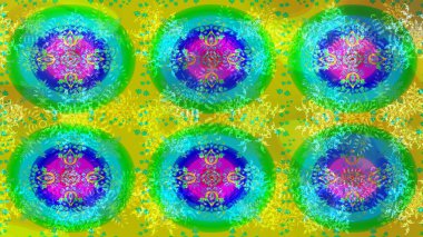 Renkli arka planda izole tatlı kar taneleri. Raster illüstrasyonu. Kar taneleriyle yeşil, mavi ve sarı renkler.