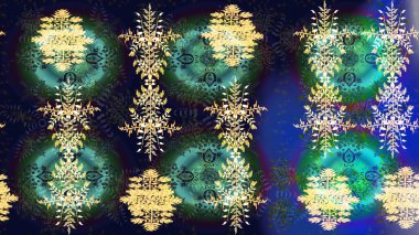 Renkli arka planda izole kar taneleri. Raster illüstrasyonu. Kar taneleri radyal gri, mavi ve yeşil renkler.